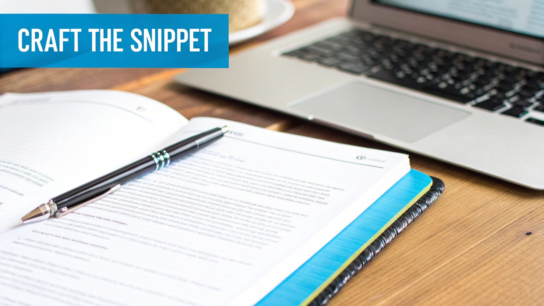 A pen rests on an open notebook next to a laptop on a wooden desk with a 'CRAFT THE SNIPPET' banner.