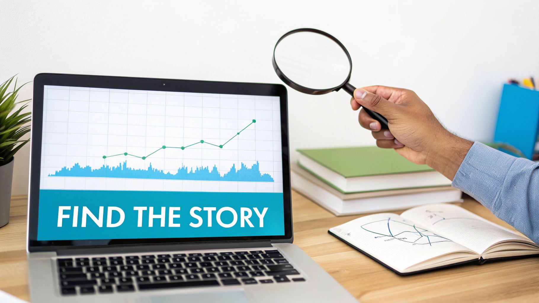 A hand holds a magnifying glass over a laptop screen displaying a graph and 'FIND THE STORY' text.