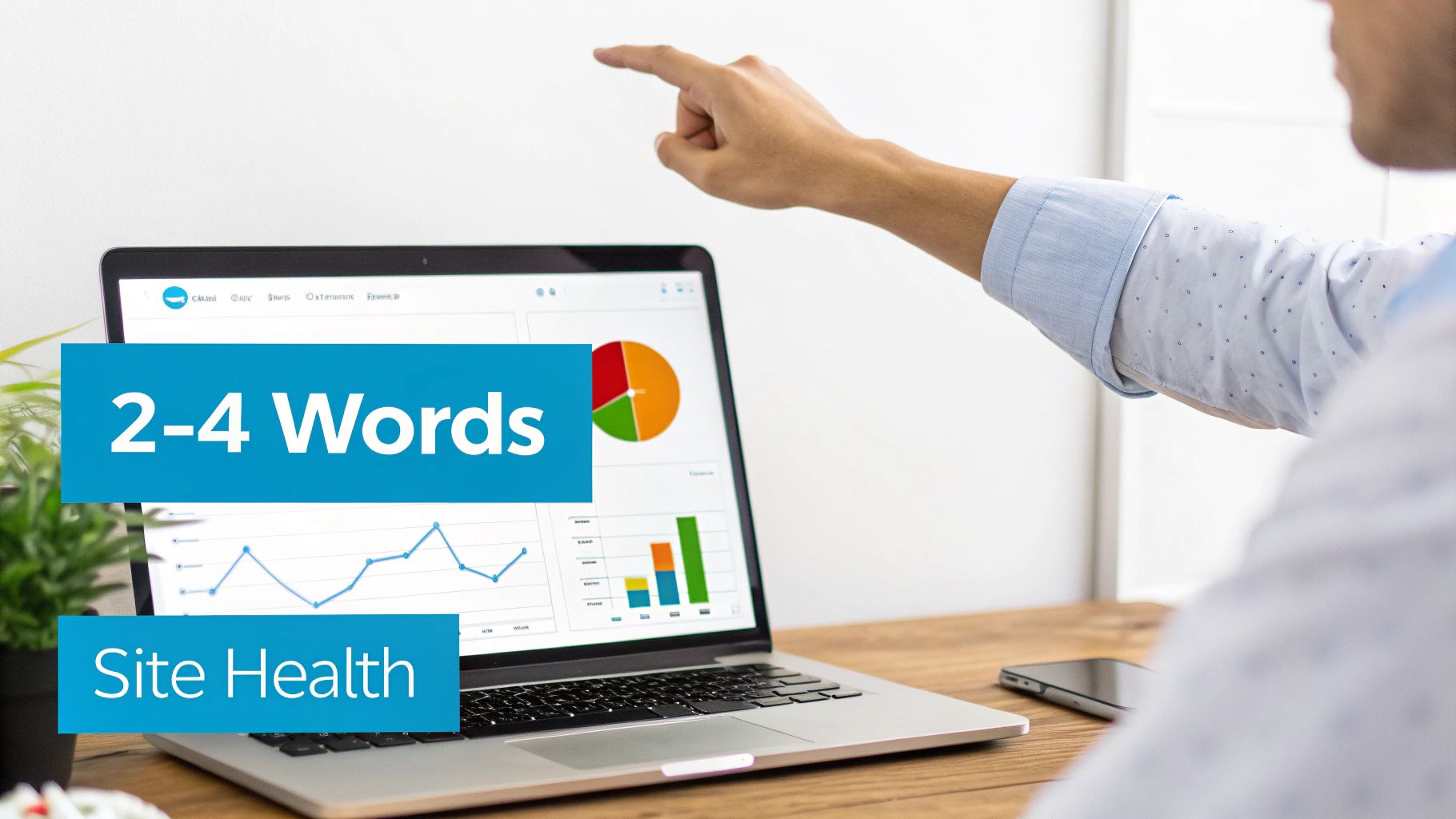 A person points at a laptop screen showing website health metrics, charts, and graphs for SEO analysis.