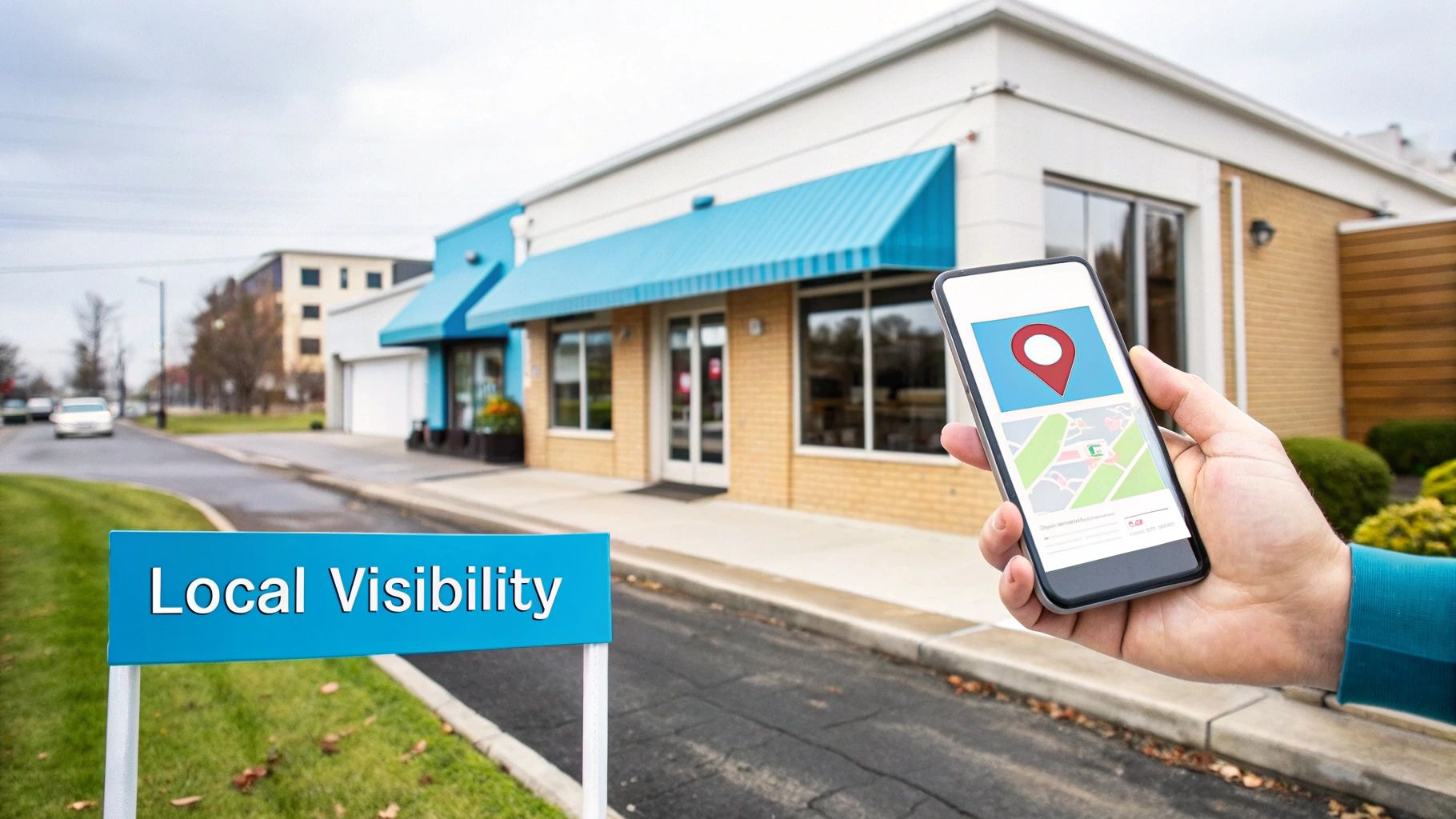 Hand holding a smartphone with a map and location pin, near a 'Local Visibility' sign and building.