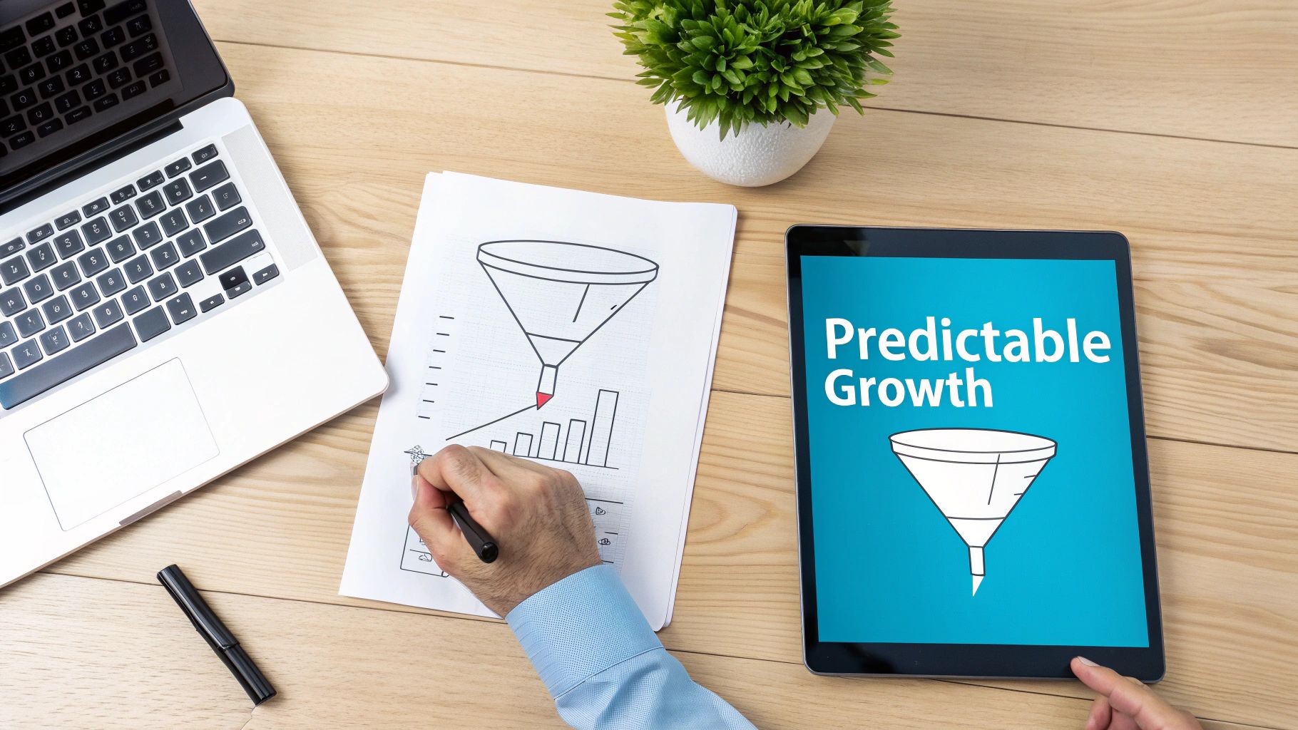 A person draws a sales funnel and growth chart on paper, next to a laptop and a tablet showing 'Predictable Growth'.