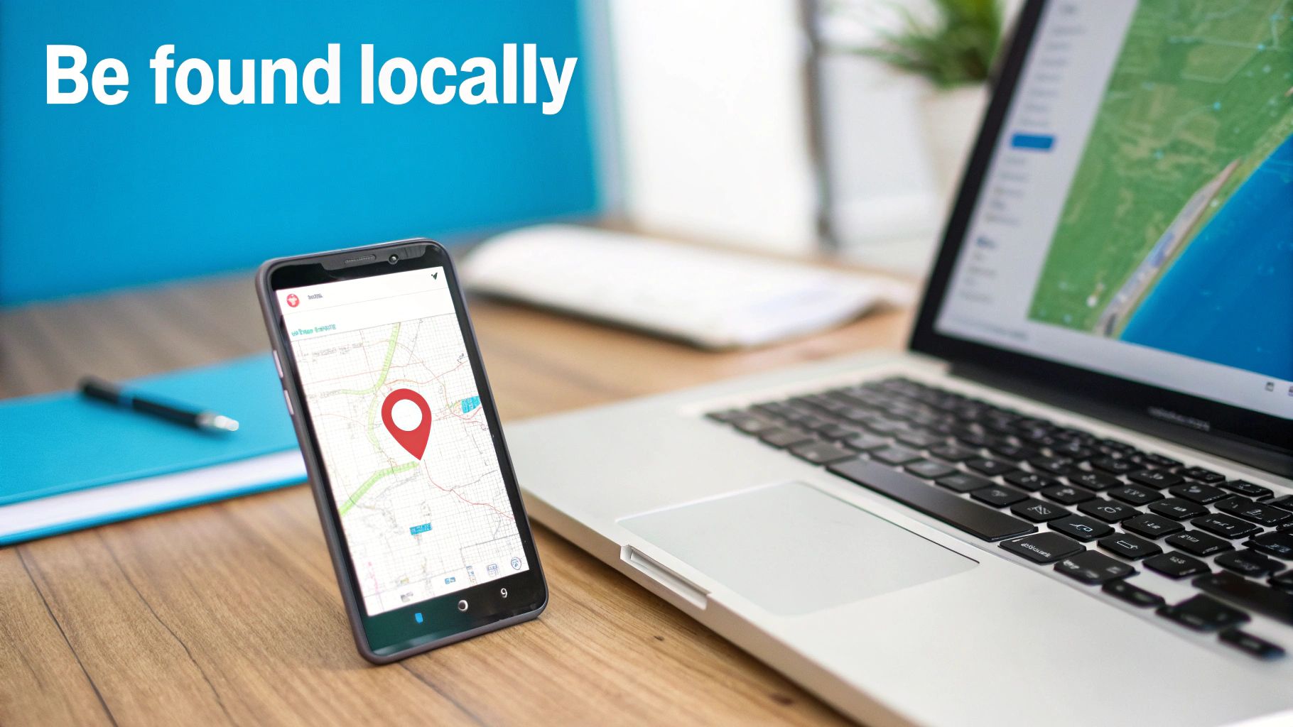 A smartphone shows a map with a red location pin next to a laptop, emphasizing local search.