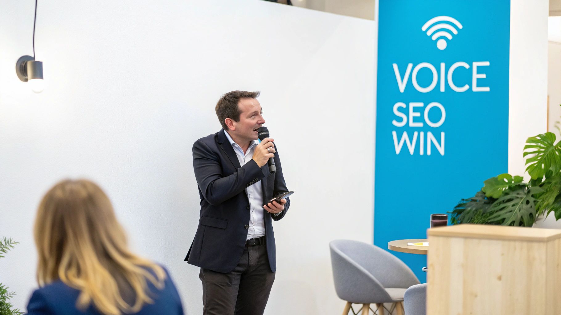 A speaker presents about voice SEO, holding a microphone and phone, at an event.