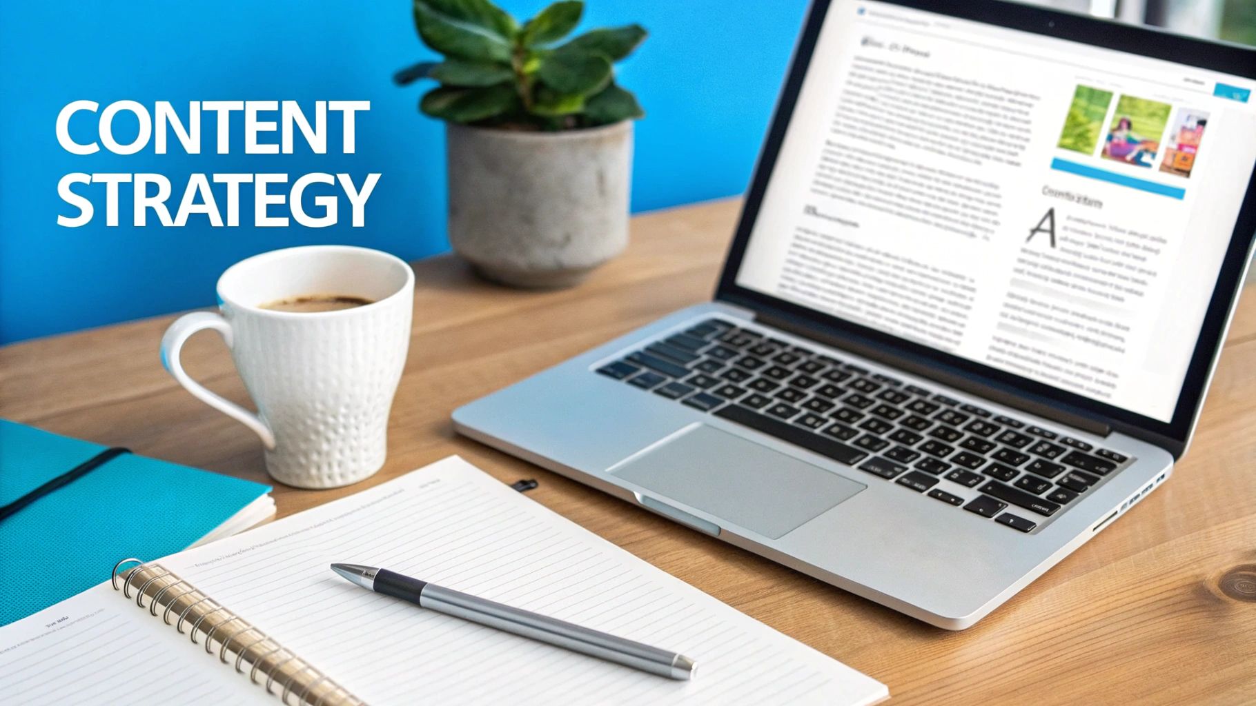 Desk setup with laptop displaying content, coffee, notebook, and 'CONTENT STRATEGY' text on a blue wall.