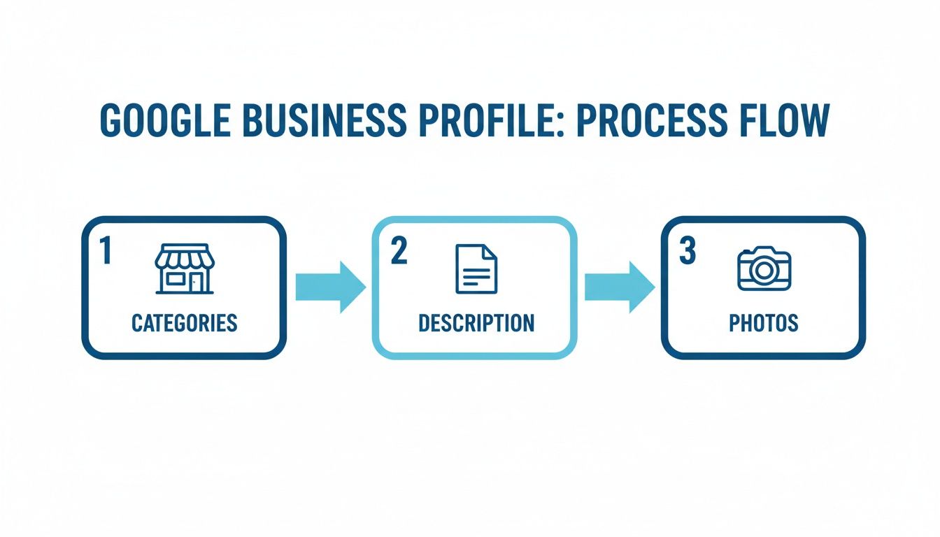 Google Business Profile process flow diagram outlining steps: 1. Categories, 2. Description, and 3. Photos.
