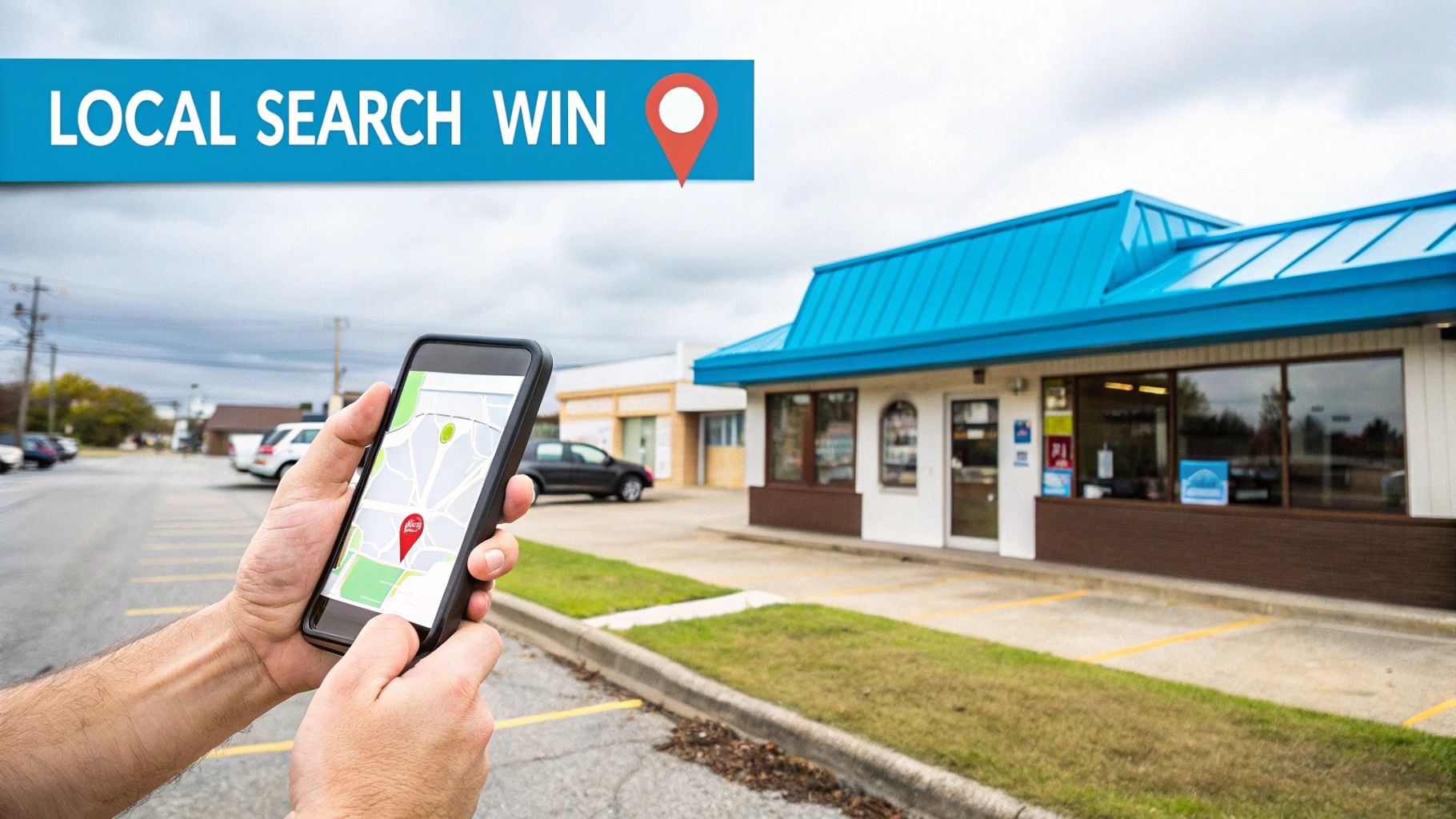 Hands hold a smartphone displaying a map application locating a local business, signifying a local search win.