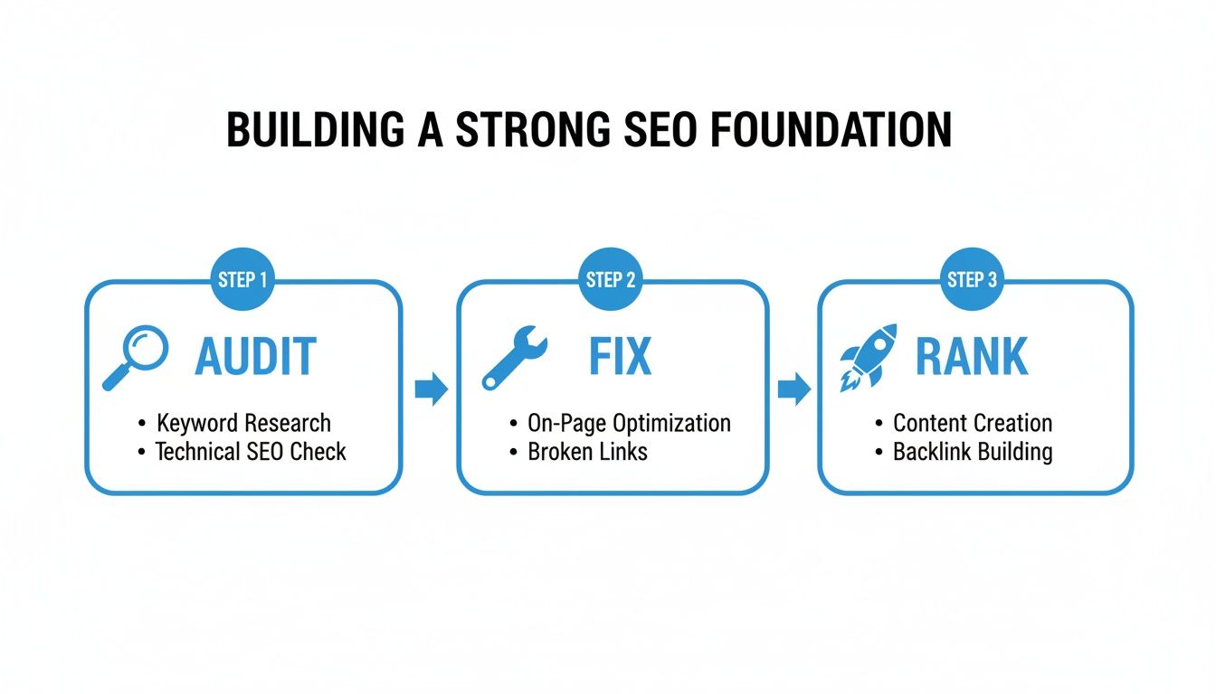 An infographic outlining a 3-step process for building a strong SEO foundation: Audit, Fix, and Rank.