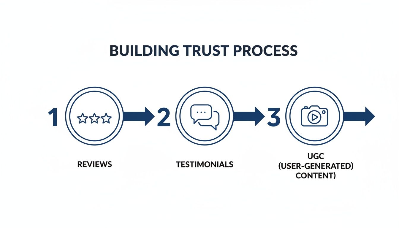 A diagram illustrating a 3-step process for building trust: reviews, testimonials, and user-generated content.