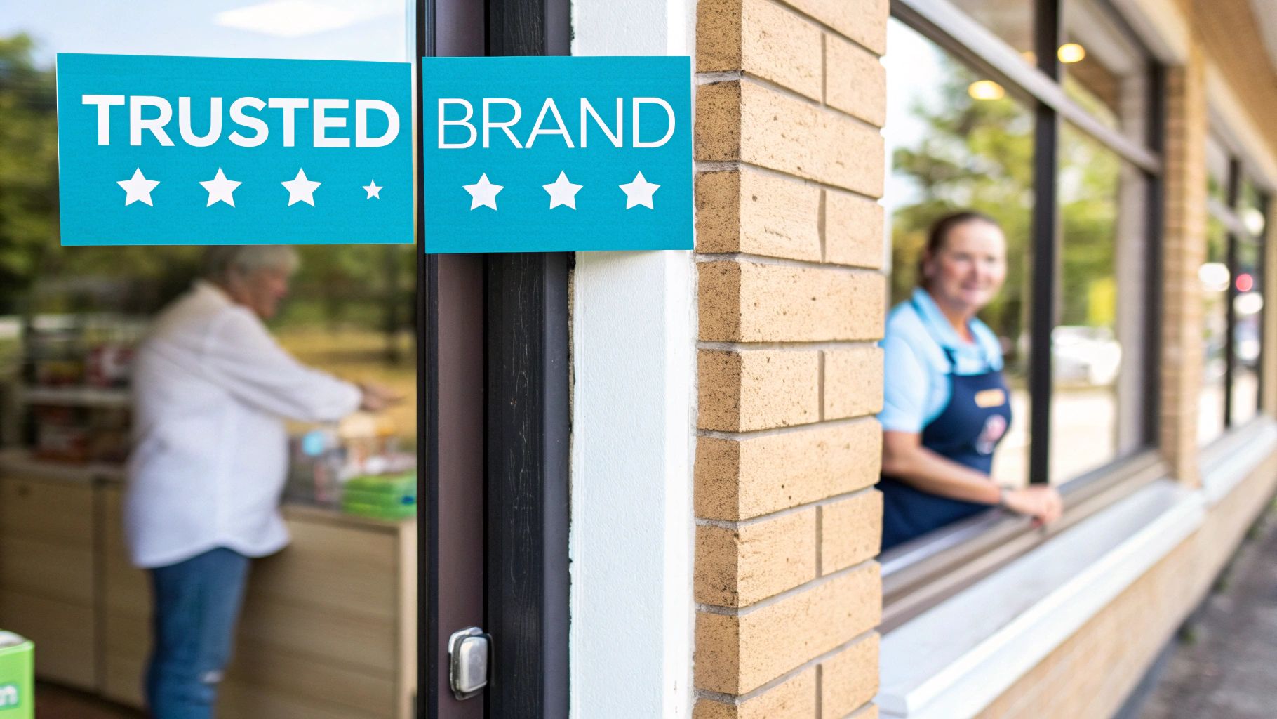 Two "Trusted Brand" signs on a glass door of a shop with people inside and outside.