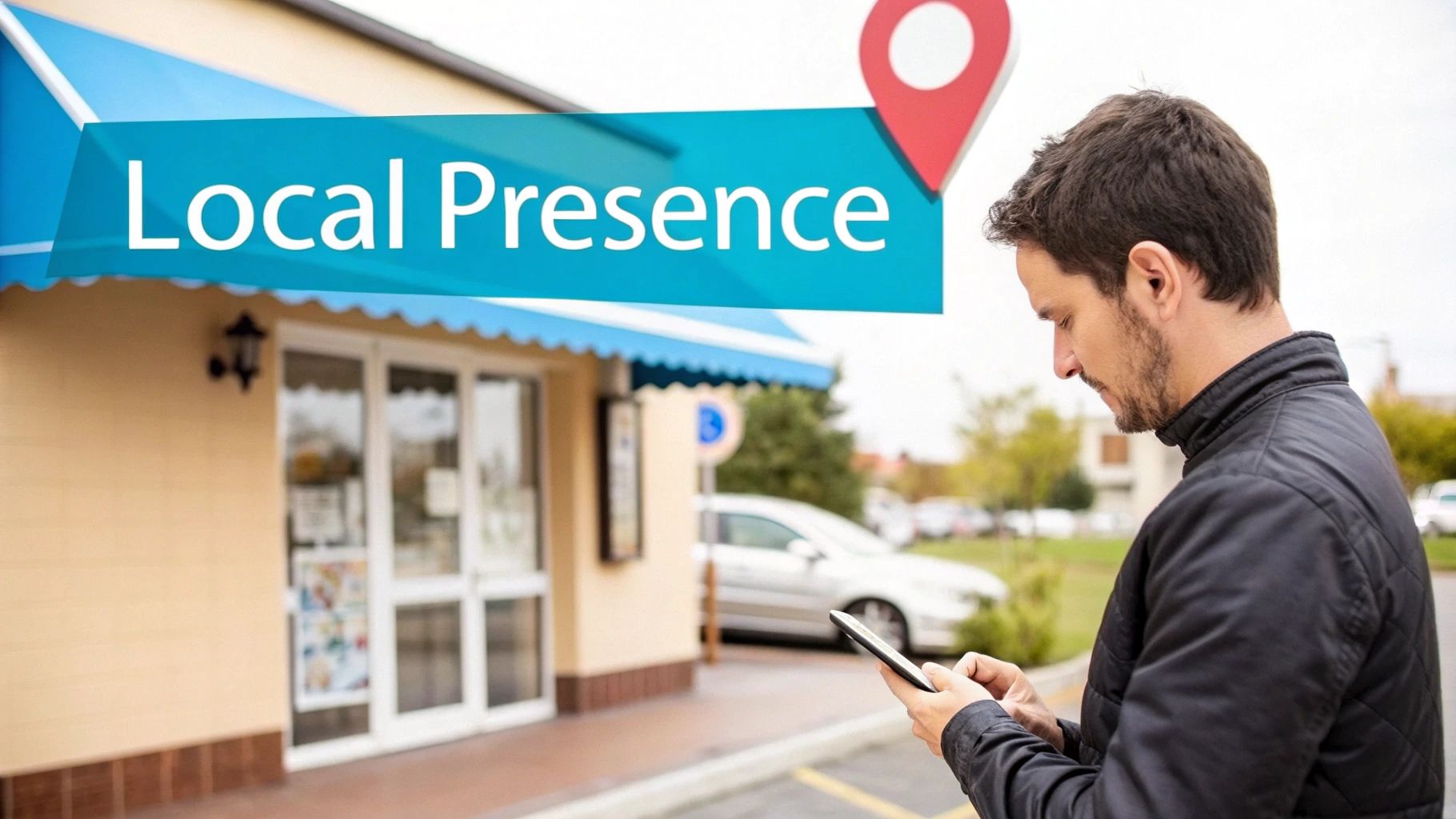 Man using smartphone in front of a store, emphasizing local presence and online engagement.