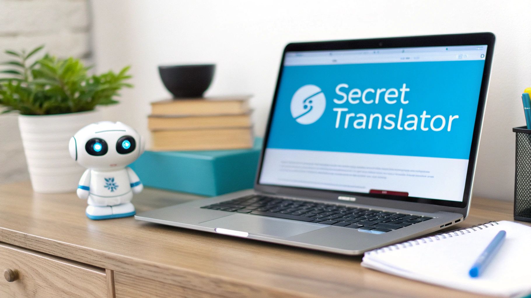 A modern desk setup featuring a laptop displaying 'Secret Translator' website, a white robot, a potted plant, and books.