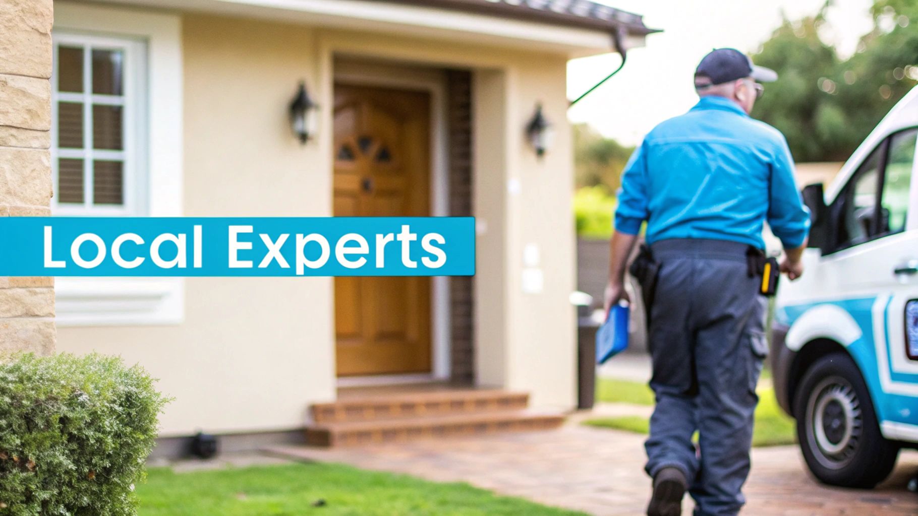 A service technician in a blue uniform walks towards a branded van at a residential home with 'Local Experts' text.