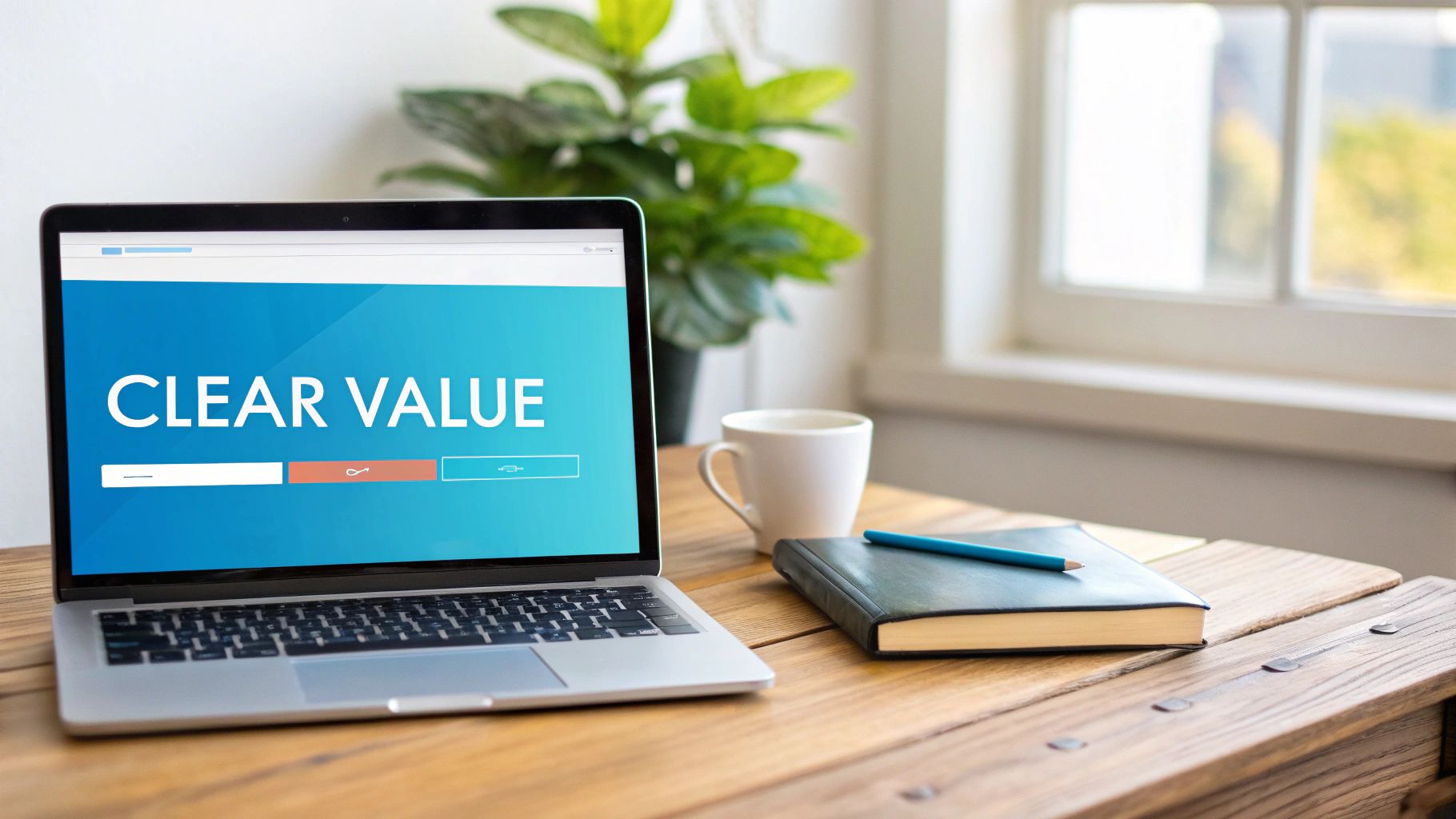A laptop displaying 'CLEAR VALUE' on its screen is on a wooden desk with a coffee mug and notebook.