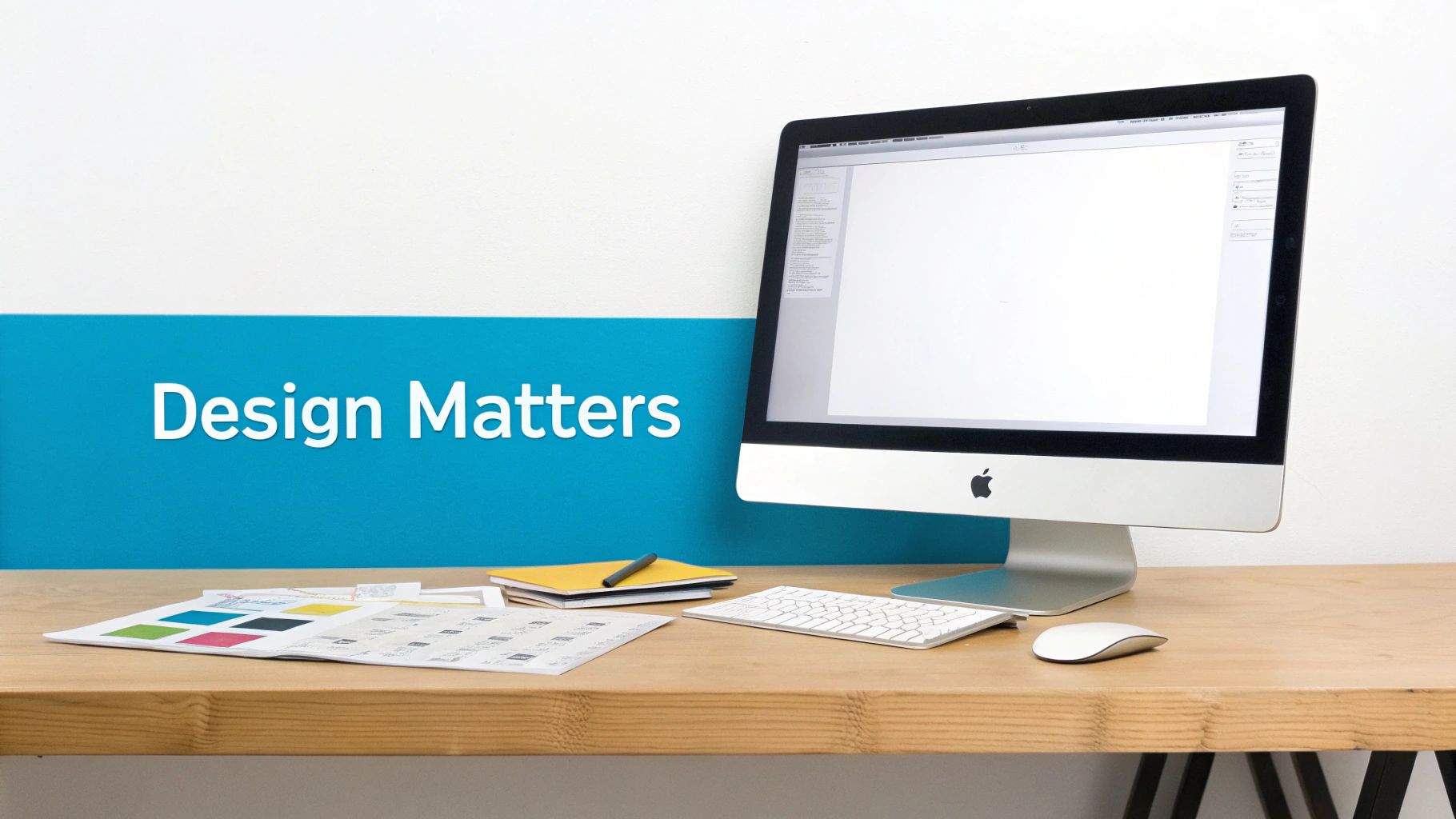 A modern designer's desk with an iMac computer, keyboard, mouse, and design documents. 'Design Matters' text on the wall.