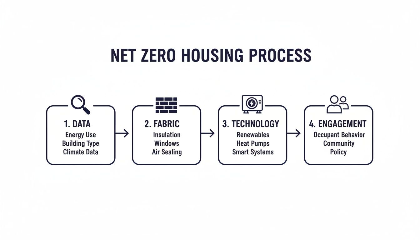 Flowchart illustrating the net zero housing process, covering data, fabric, technology, and engagement steps.
