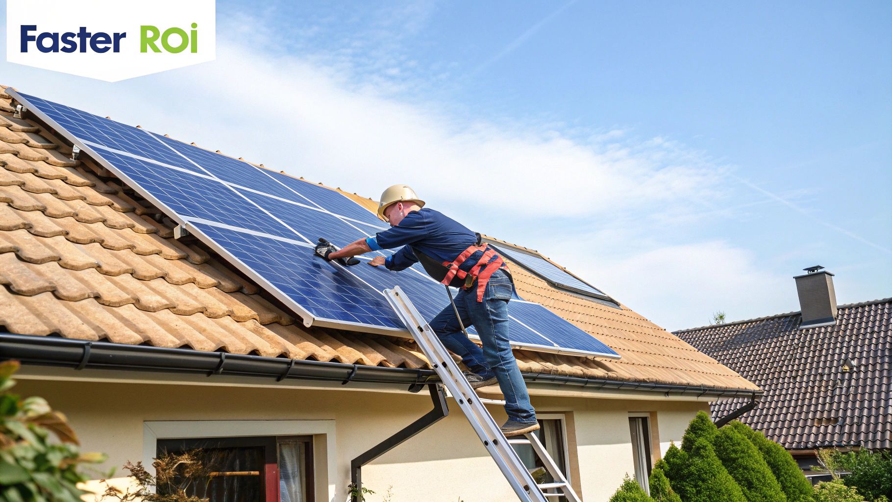 Solar panels installed on a residential roof, with the sun setting in the background, signifying the end of the day and energy production.