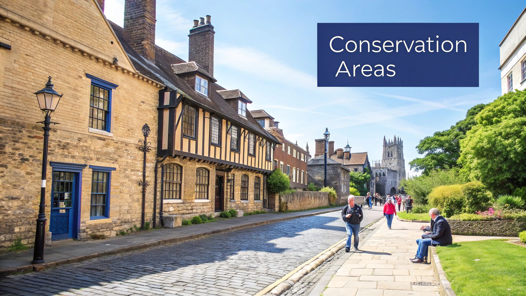 A charming street in a UK conservation area, with well-preserved historic buildings and cobblestones.