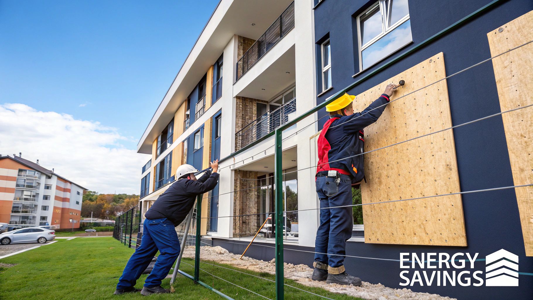 A row of British social housing terraces being prepared for retrofitting