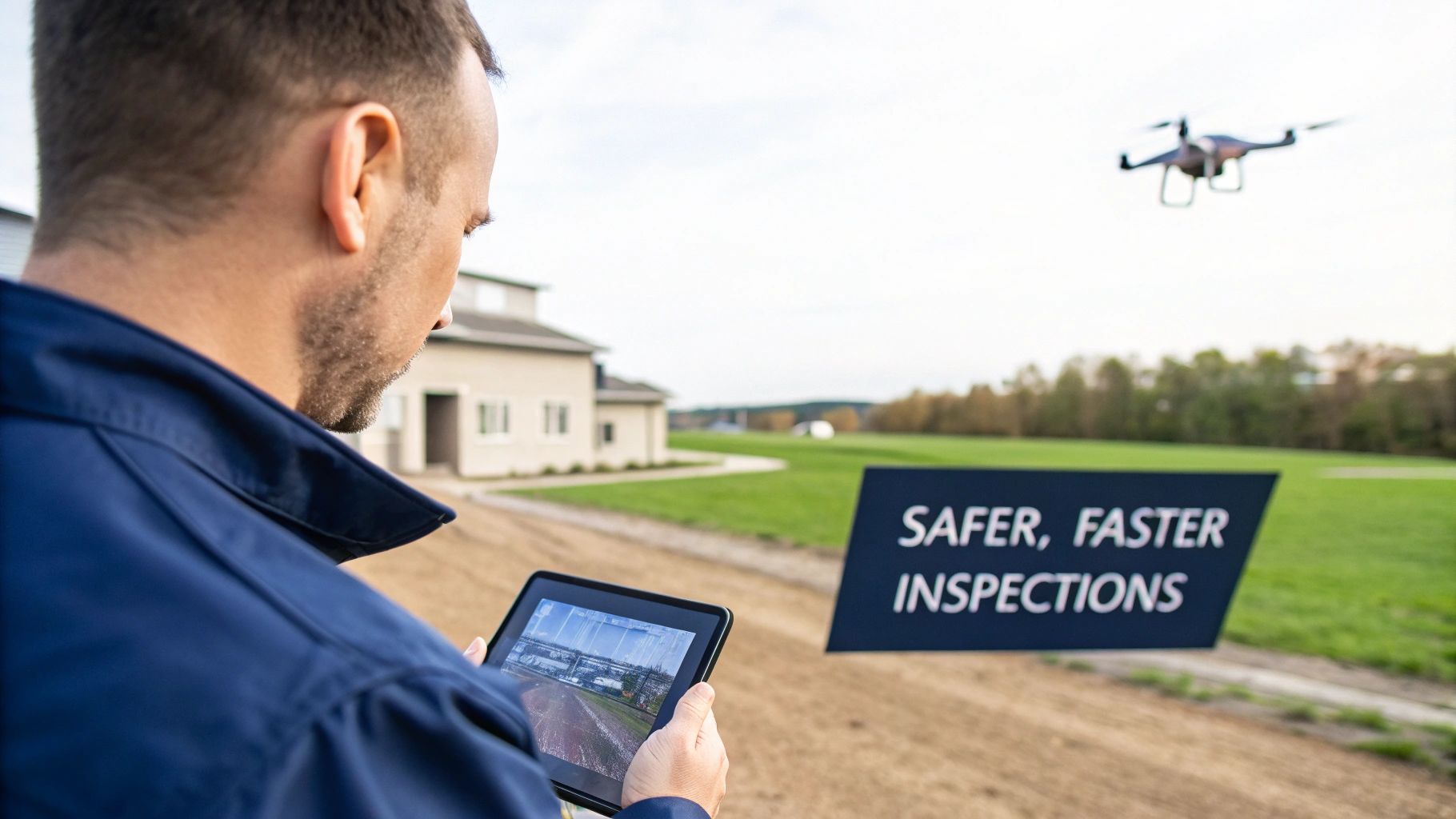 A drone hovering with a modern commercial building in the background, symbolising the benefits of a drone building survey