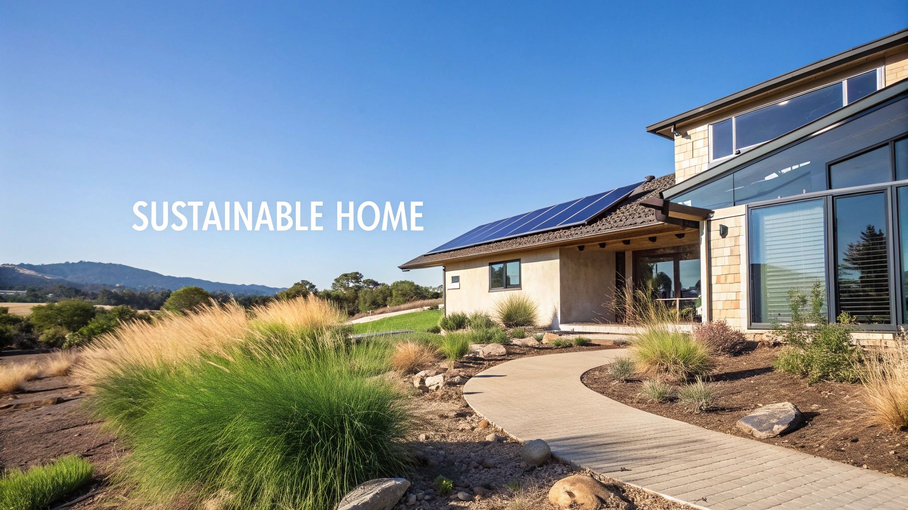 A modern, sustainable house integrated with nature, featuring large windows and solar panels.