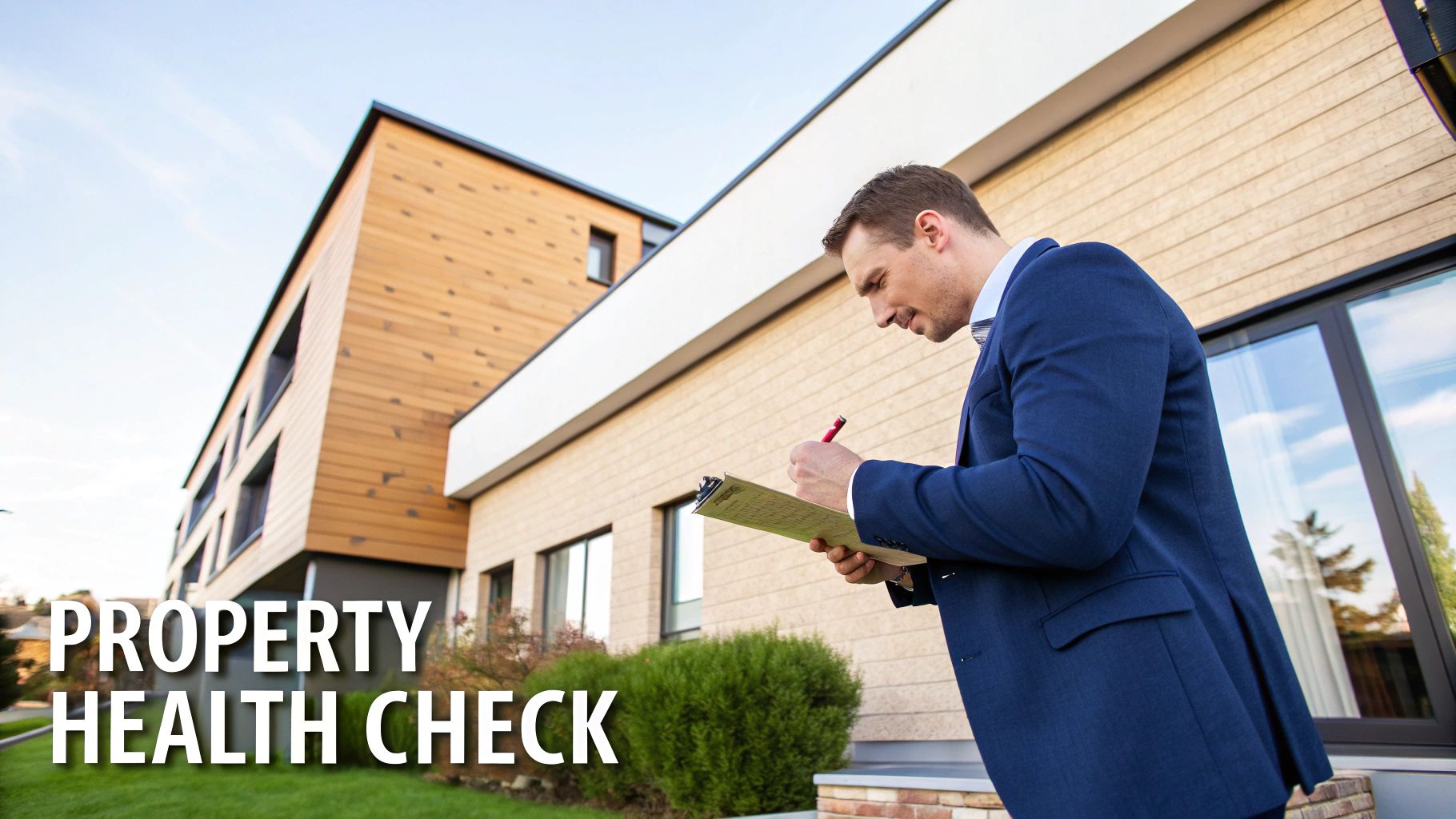 An inspector examining a building's exterior with a clipboard