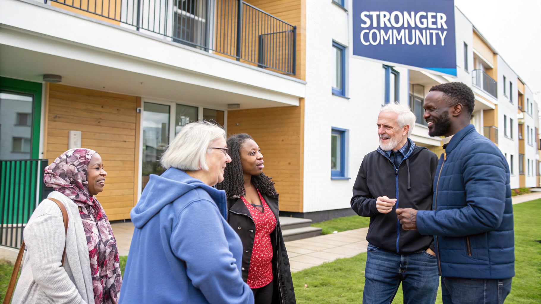 Two people, a tenant and a housing officer, having a positive conversation in a home.