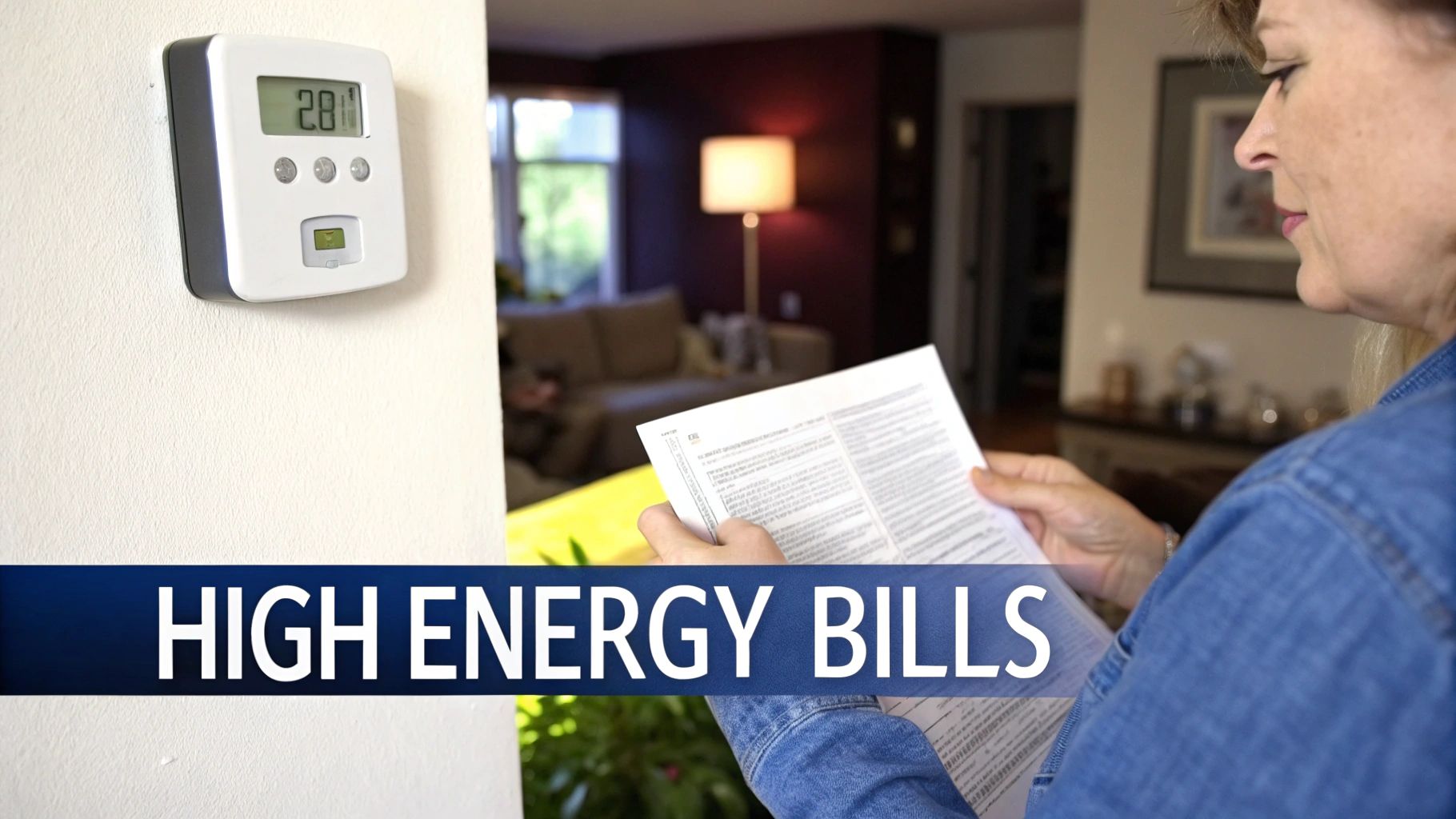 A homeowner looks concerned at a high energy bill while sitting in a cold-looking room.
