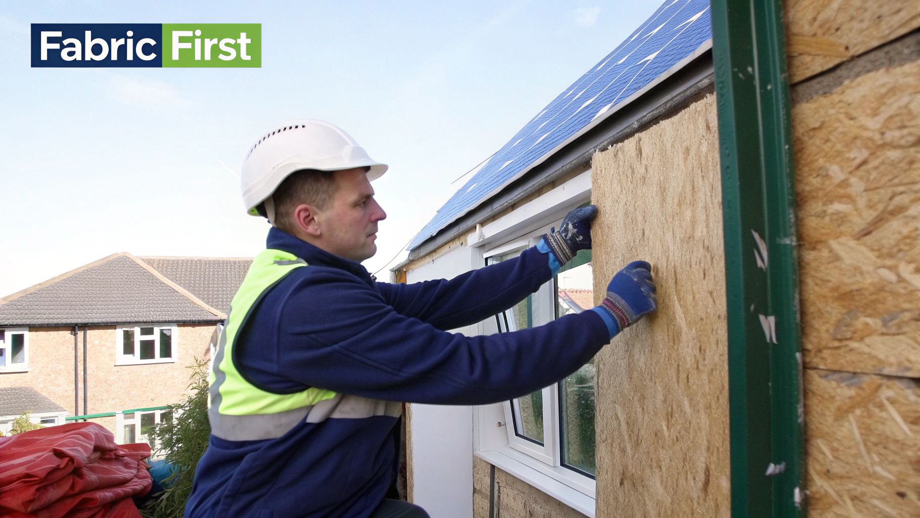 A construction worker in a hard hat installing insulation on a building with rooftop solar panels.