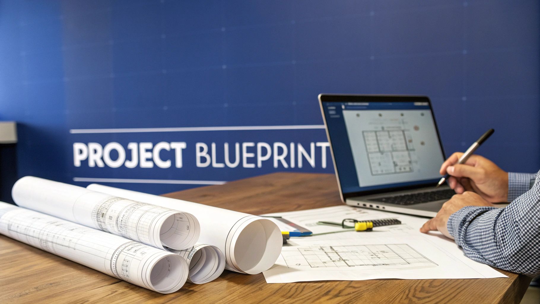 A team collaborating on a project blueprint at a table, representing a feasibility report project
