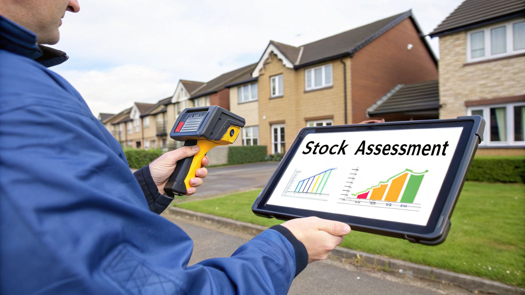 Person using a thermal imaging camera and tablet with 'Stock Assessment' graphs in front of residential houses.