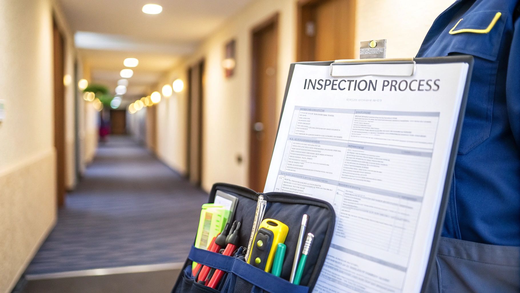 A surveyor meticulously inspecting a property's interior with a tablet.