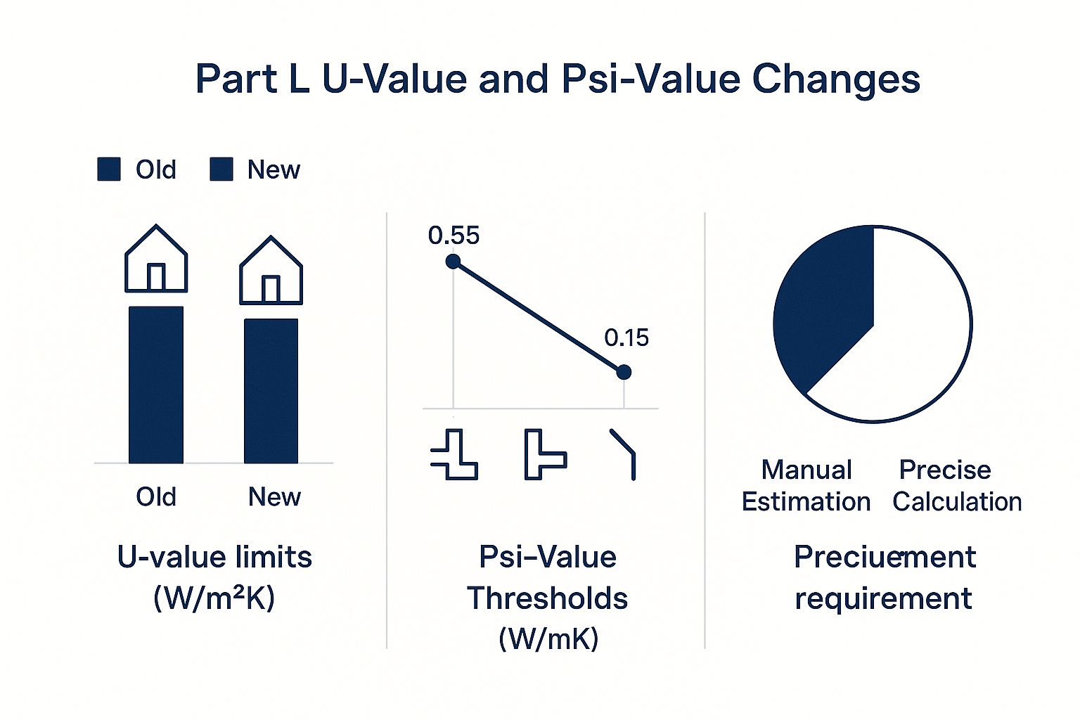 Infographic comparing old vs new Part L regulations for U-values and Psi-values.