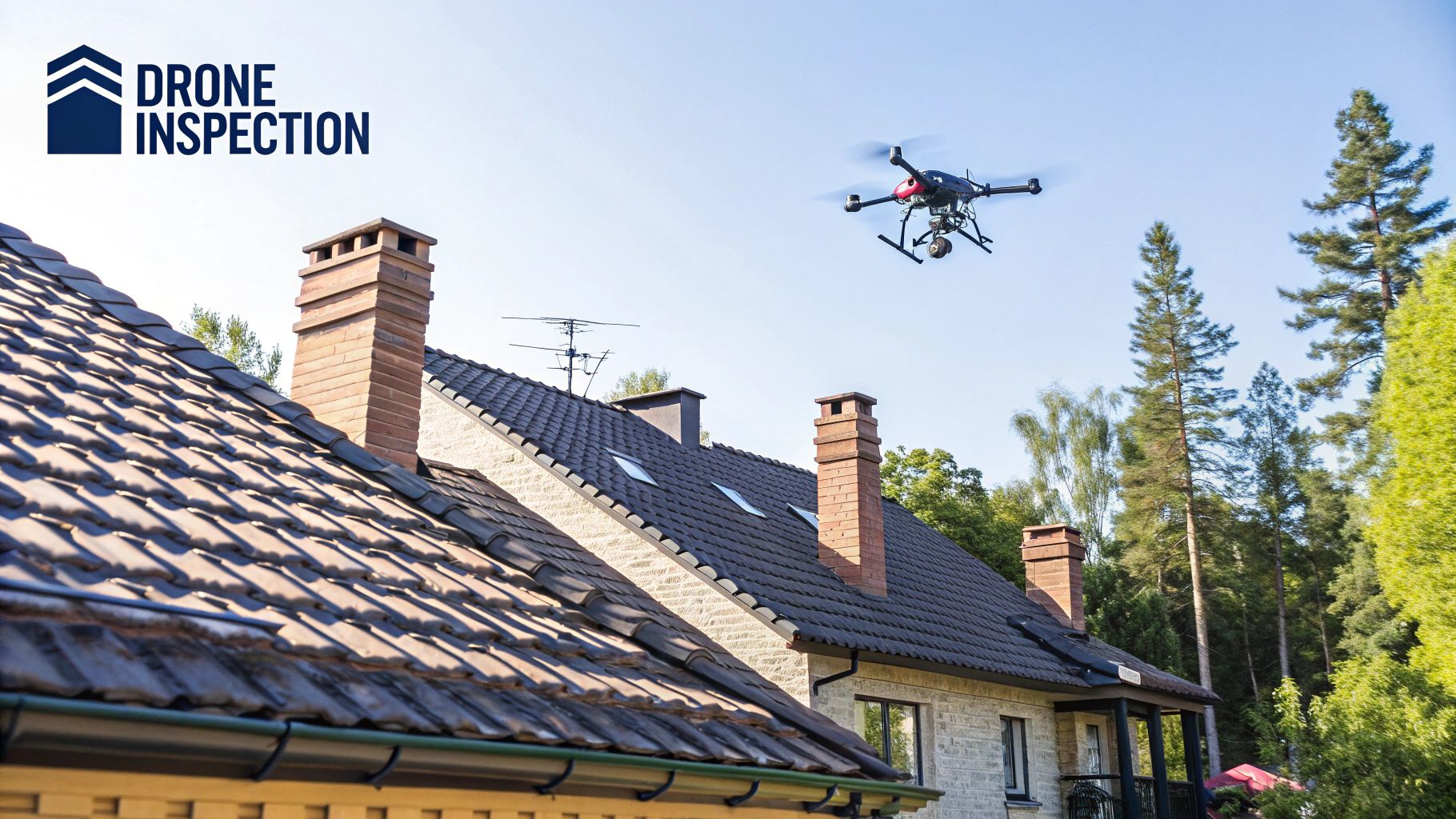 A drone flying over a residential roof, conducting a survey.
