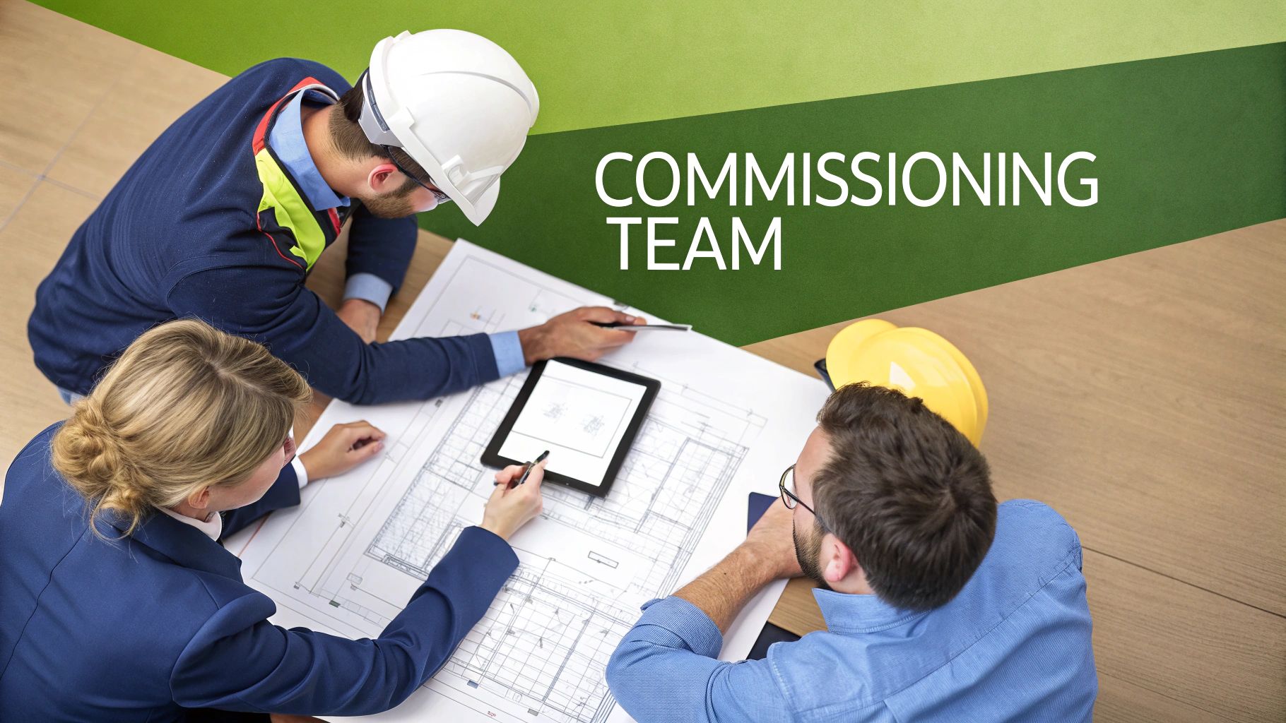 A diverse group of construction professionals in a meeting, reviewing blueprints.
