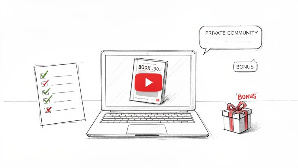 Sketch illustration of a laptop showing an online course book, checklist, private community, and bonus gifts.