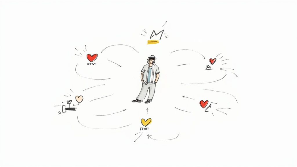 Illustration of person surrounded by hearts and connections showing social media engagement flow