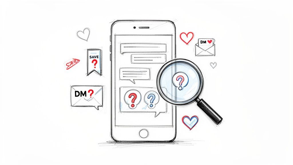 A sketch of a smartphone with social media icons, question marks, and a magnifying glass, symbolizing choices or analytics.