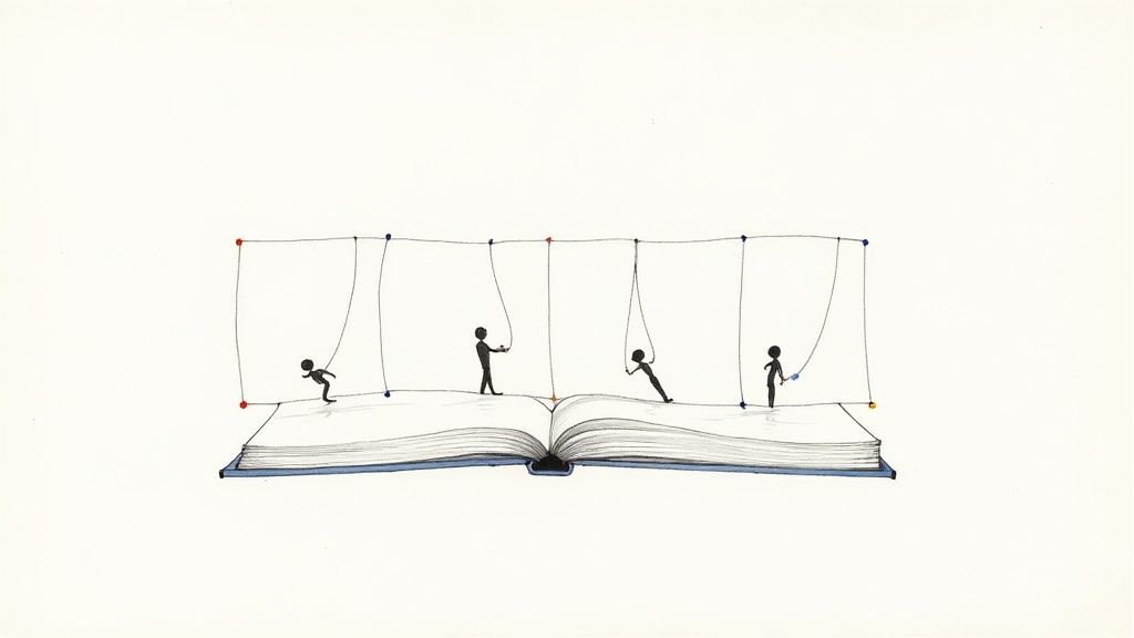 Four stick figures interact with colorful pendulum-like strings above an open book.