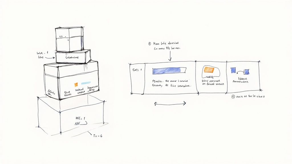 Hand-drawn sketch showing stacked boxes with labels and Excel spreadsheet diagram for course organization