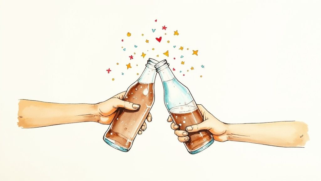 Two hands clinking glass bottles of soda together, surrounded by festive stars and a heart, on a white background.