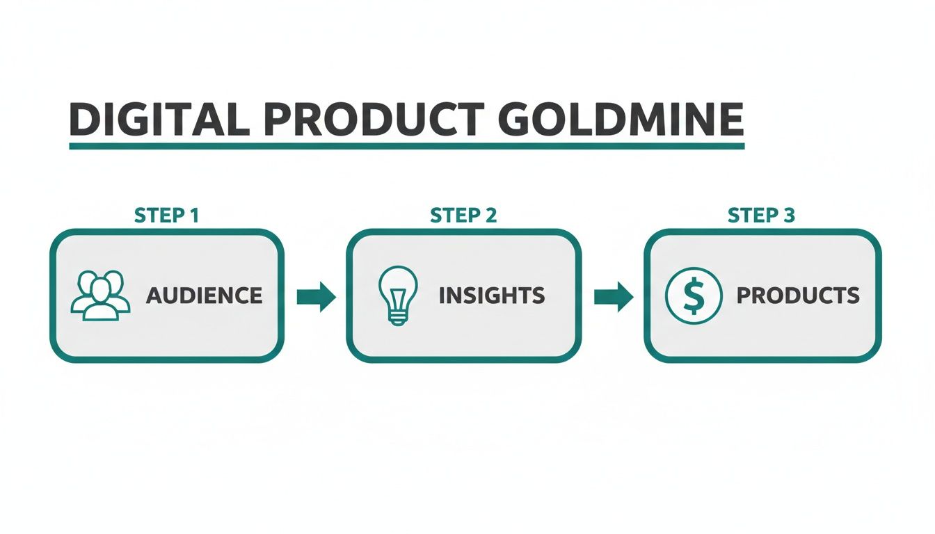 Diagram showing three steps to create digital products: Audience, Insights, and Products.