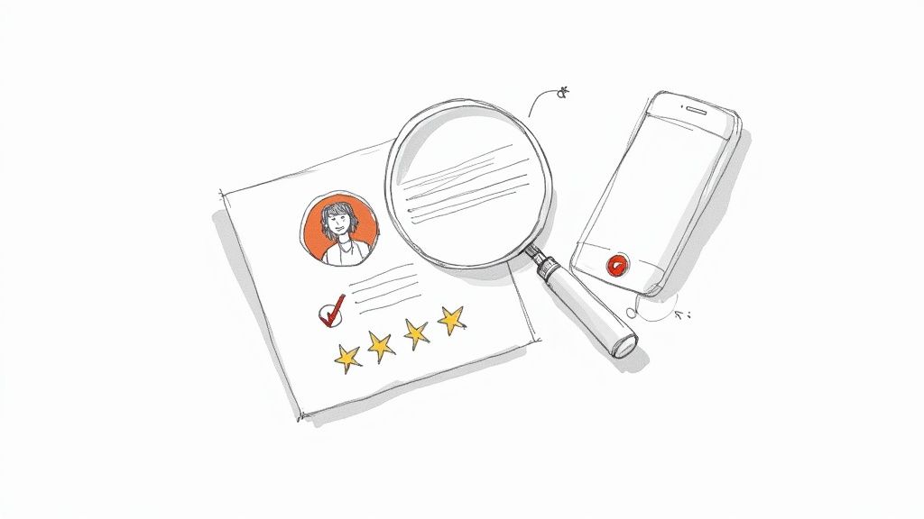 Hand-drawn image depicting a profile with star ratings, a magnifying glass, and a smartphone with a play button.