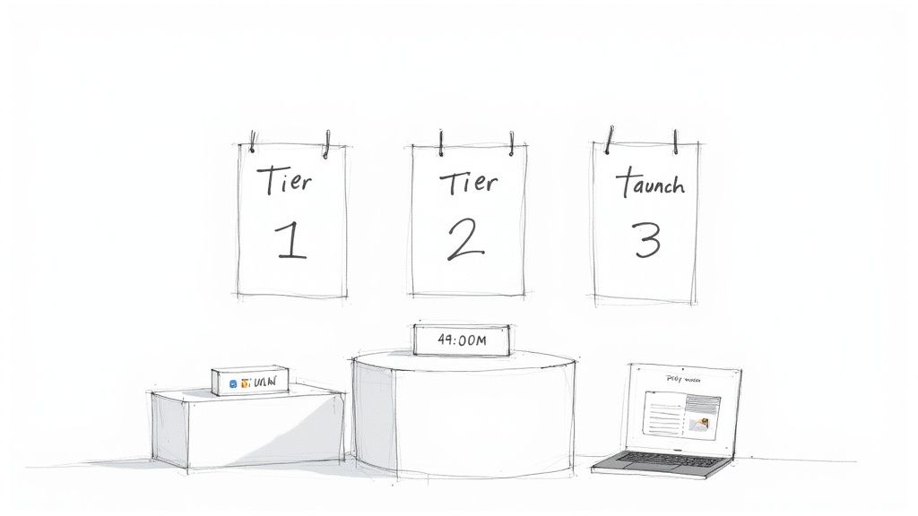 A hand-drawn sketch depicting a content launch strategy with Tier 1, Tier 2, and Launch 3 phases.