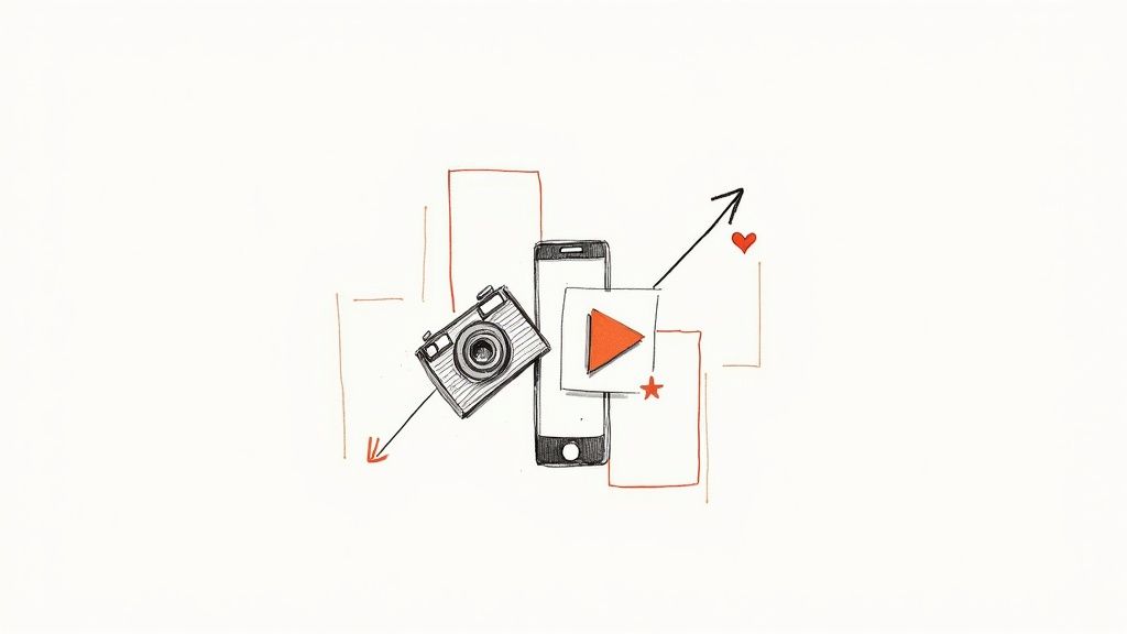 Hand-drawn sketch illustrating digital media, photography, video, and mobile technology with growth indicators.
