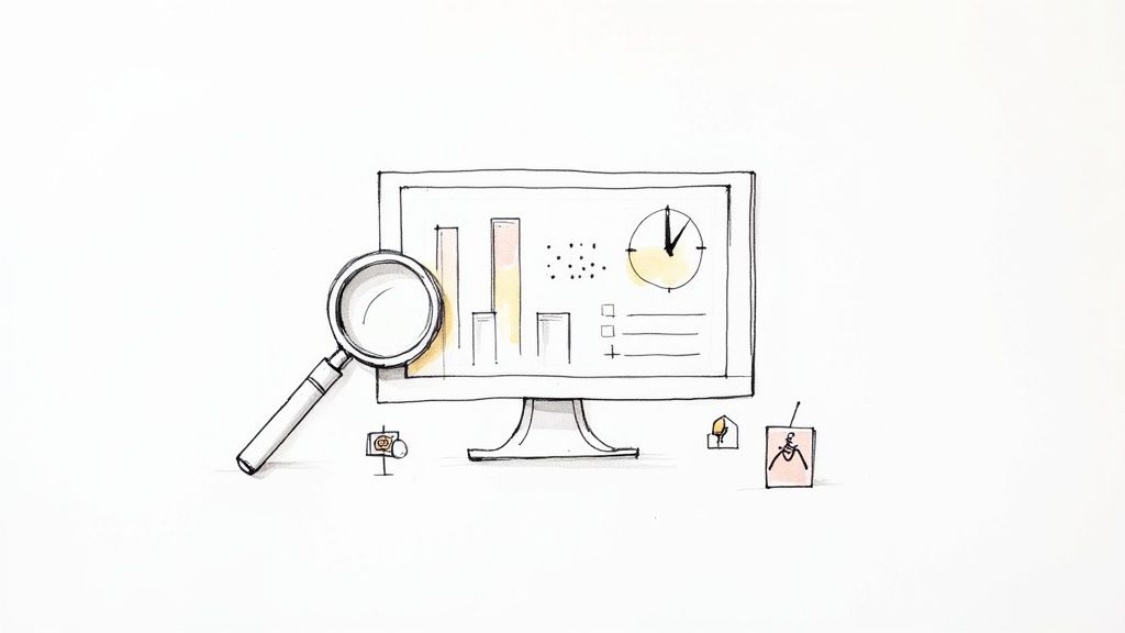 Computer monitor displaying analytics dashboard with charts and magnifying glass representing data analysis