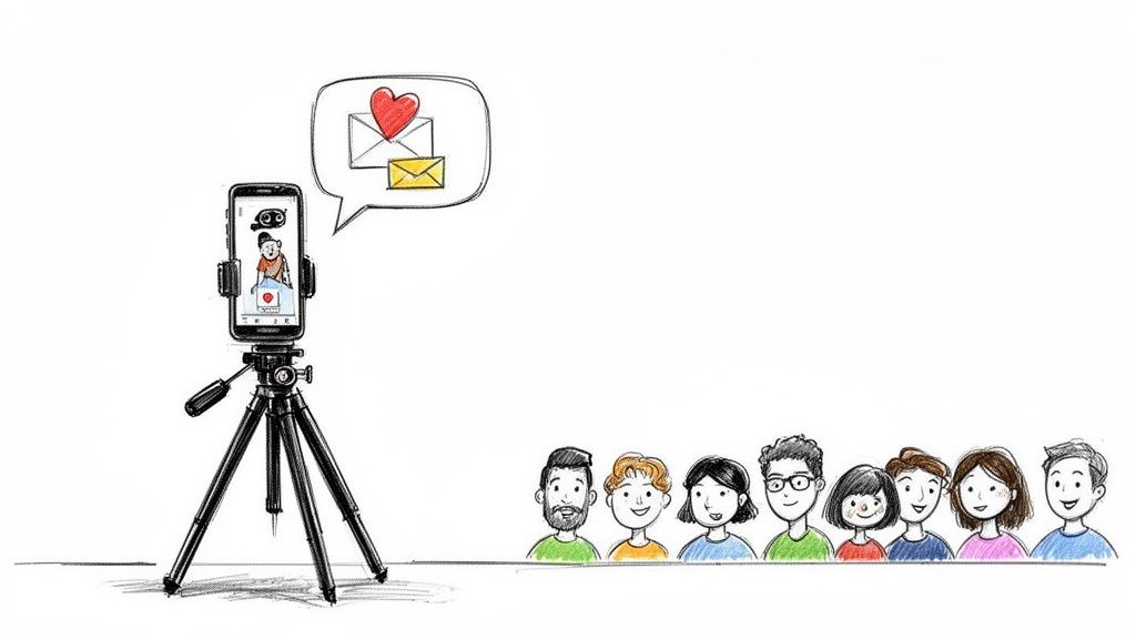 A content creator films with a smartphone on a tripod, showing social media engagement icons and an audience.