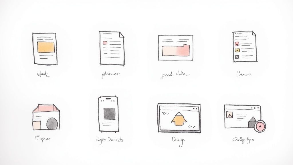 A person working on a laptop surrounded by creative tools, illustrating the process of creating digital products.