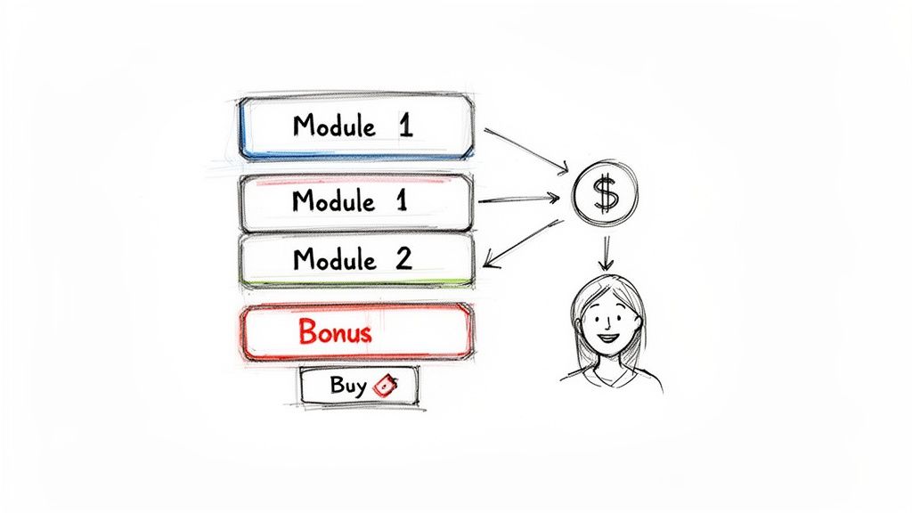 Diagram showing course modules, bonus, and a 'Buy' button leading to a happy customer.