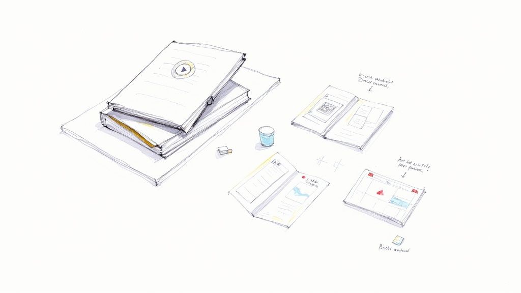 Hand-drawn illustration of a creative workspace with books, a play button icon, notebooks, and web page layouts.