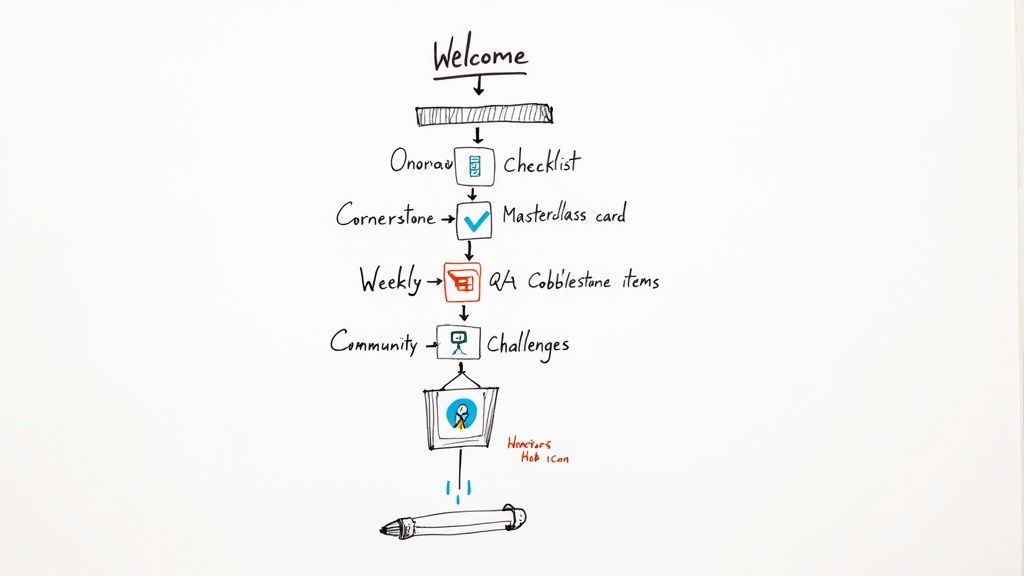 Membership website onboarding flowchart showing welcome through cornerstone masterclass to community challenges